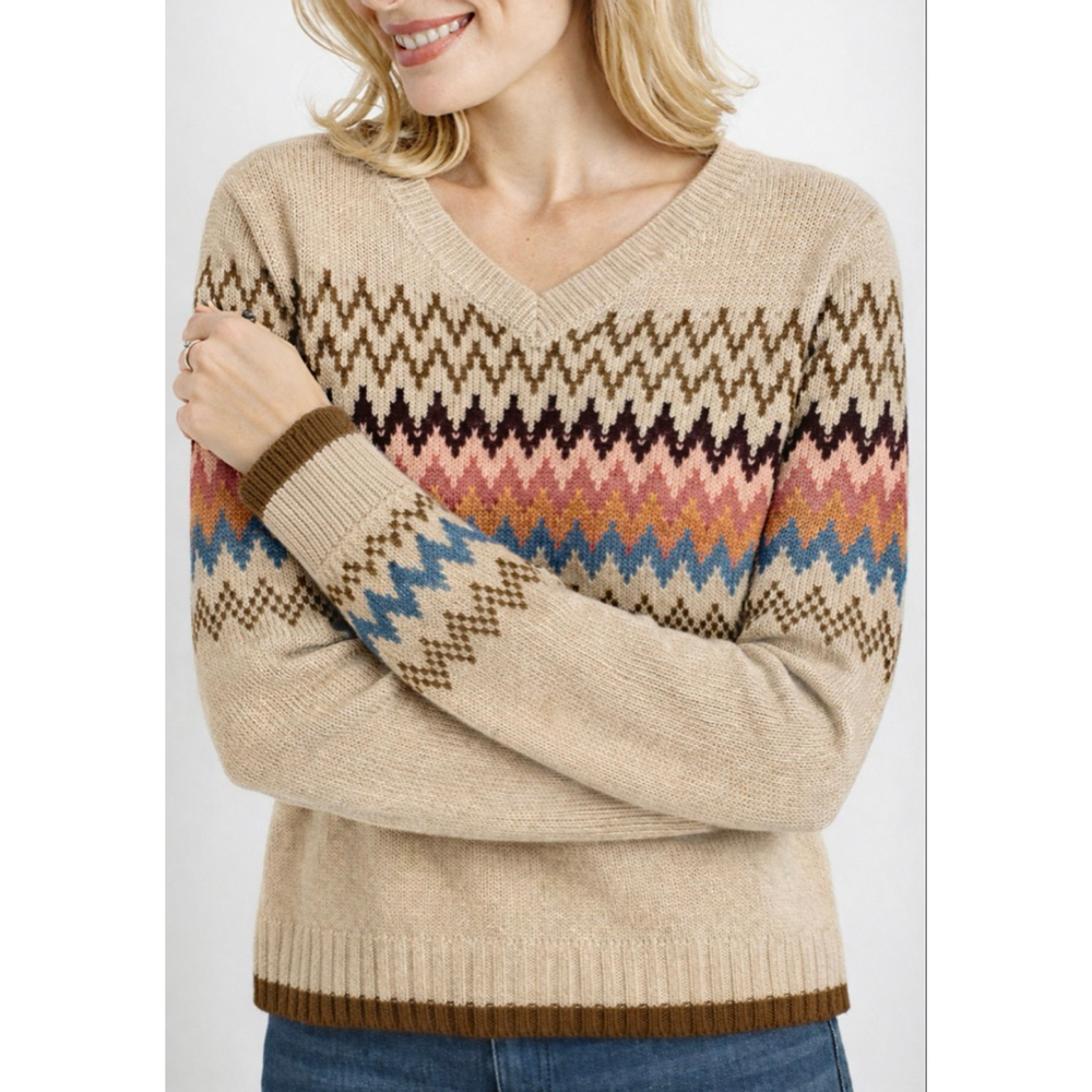 BLACK TAPE Beige Fair Isle V-Neck Sweater M